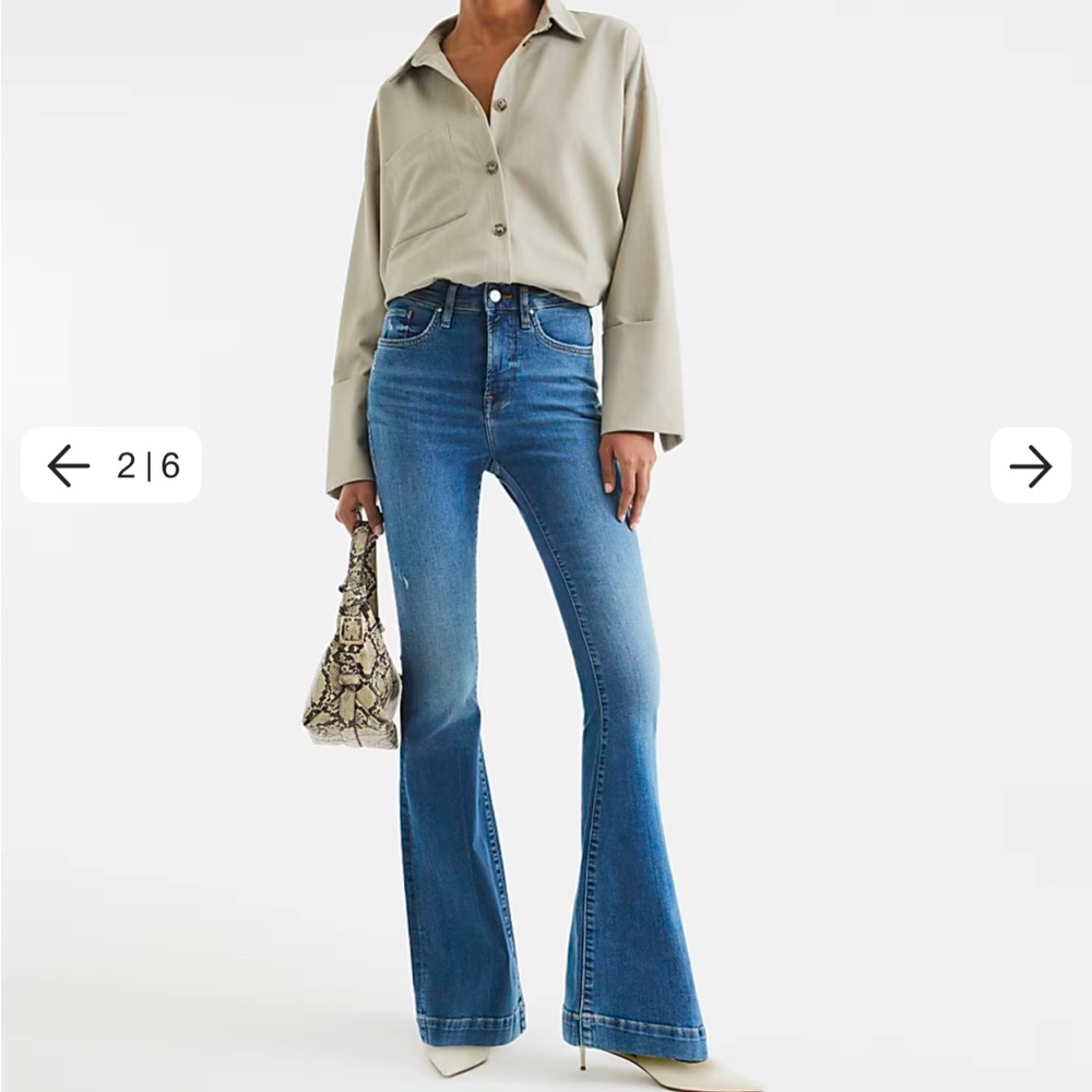 Blue High Waisted Tummy Hold Flared Jeans - Long